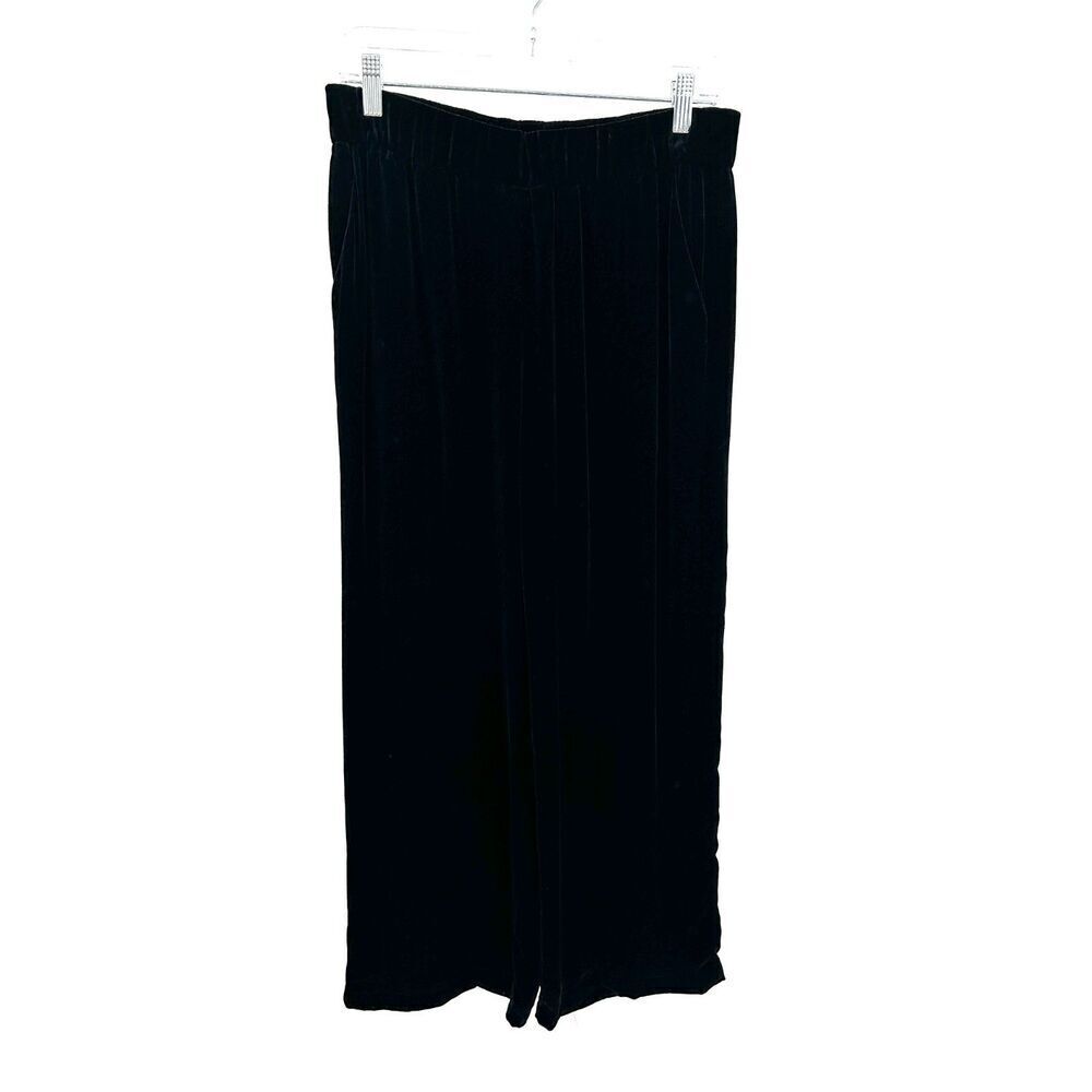 EILEEN FISHER Women's Black Velvet Velour High Rise Wide Leg Pull On Pants XS